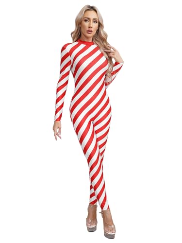 Sxiwei Damen Weihnachten Zuckerstangen Kostüm Lang Jumpsuit Tanzoverall für Weihnachten Cosplay Party Rot 3XL von Sxiwei