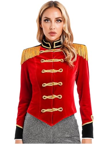 Sxiwei Damen Zirkus Kostüm Jacke Langarm Zirkusdirektor Uniform Samt Stehkragen Mantel Blazerjacke Halloween Cosplay Oberteile Rot S von Sxiwei