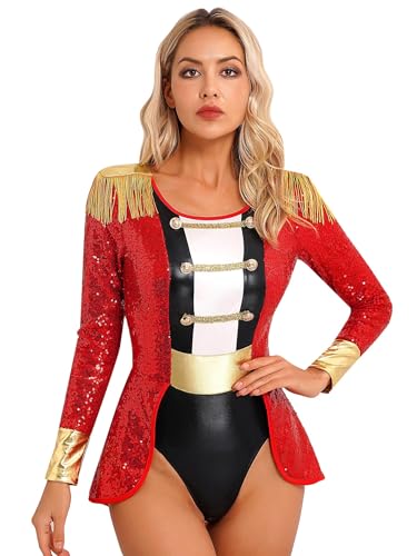 Sxiwei Damen Zirkus Kostüm Pailletten Jumpsuit Langarm Zirkusdirektor Bodysuit Overall Halloween Karneval Faschingskostüm Rot 3XL von Sxiwei