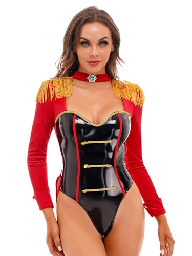 Sxiwei Damen Zirkus Ringmaster Rollenspiel Kostüm Langarm Lackleder Bodysuit mit Quasten Zirkusdirektorin Uniform Karneval Fasching Red&Black L von Sxiwei