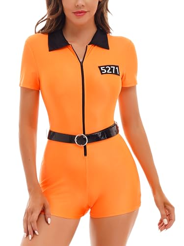 Sxiwei Häftling Kostüm Damen Kurzarm Overall Orange Gefängnis Jumpsuit Gefangenenkostüm Halloween Mottoparty Karneval Orange S von Sxiwei