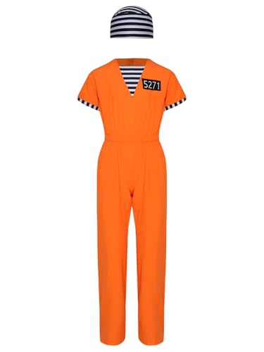 Sxiwei Häftling Kostüm für Kinder Gefangener Knasti Uniform Kurzarm Streifen Jumpsuit mit Hut zu Mottoparty & Fasching Orange 122-128 von Sxiwei