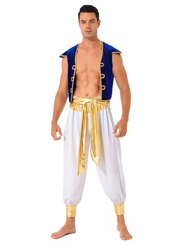 Sxiwei Herren Arabischer Prinz Kostüm Weste Vorne Offene mit Hose Zweiteiliger Araber Themen Party Orient Outfit Halloween Blau L von Sxiwei