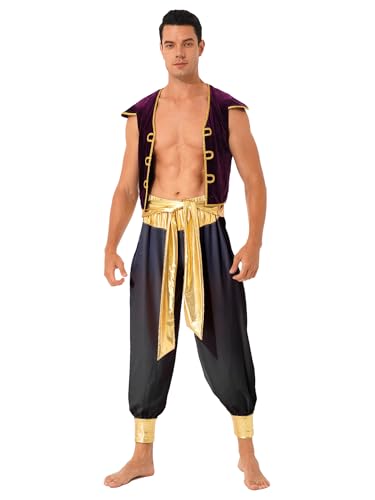 Sxiwei Herren Arabischer Prinz Kostüm Weste Vorne Offene mit Hose Zweiteiliger Araber Themen Party Orient Outfit Halloween Schwarz 3XL von Sxiwei