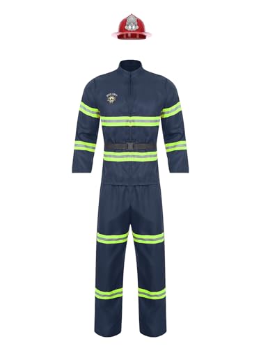 Sxiwei Herren Feuerwehrmann Cosplay Kostüme 3-teiliger Reflektierende Streifen Anzug Kurzarm Jacke Hose und Gürtel Set Navy blau S von Sxiwei