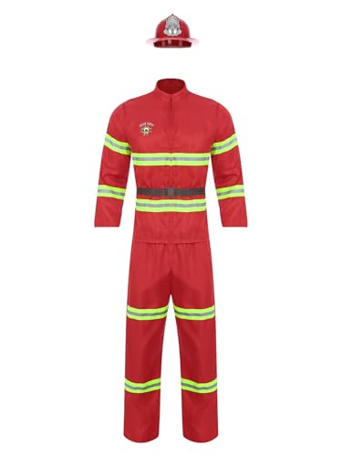 Sxiwei Herren Feuerwehrmann Cosplay Kostüme 3-teiliger Reflektierende Streifen Anzug Kurzarm Jacke Hose und Gürtel Set Rot L von Sxiwei