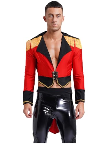 Sxiwei Herren Kostüm Zirkusdirektor Jacke Zirkus Uniform Langärmeliger Tiefer V-Ausschnitt Tailcoat Jacke Halloween Magier Oberbekleidung Rot 3XL von Sxiwei