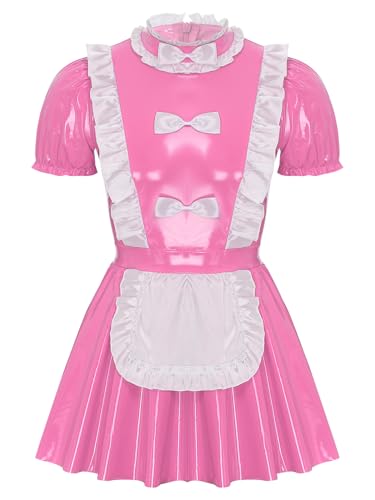 Sxiwei Herren Sissy Maid Kleid Glossy Lackleder Dienstmädchen Kostüm Kurzarm A-Linie Uniform Minikleid Sissy Cosplay Verkleidung Rosa 4XL von Sxiwei