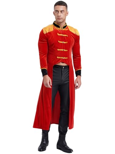 Sxiwei Herren Steampunk Mittelalter Jack Lang Zirkus Kostüm Langarm Samt Frack Mantel Zirkusdirektor Uniform Cosplay Party Karneval Verkleidung Rot XXL von Sxiwei