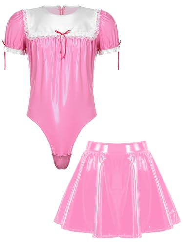 Sxiwei Herren Wetlook Dienstmädchen Set Sissy Maid Kurzarm Bodysuit mit Minirock Erwachsene Crossdresser Unterwäsche Faschingskostüm Rosa 3XL von Sxiwei