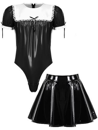 Sxiwei Herren Wetlook Dienstmädchen Set Sissy Maid Kurzarm Bodysuit mit Minirock Erwachsene Crossdresser Unterwäsche Faschingskostüm Schwarz 3XL von Sxiwei