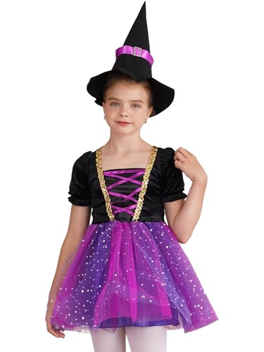 Sxiwei Hexenkostüm Kinder Mädchen Tutu Kurzarm Hexenkleid mit Hut Halloween Karneval Kostüm Fasching Karneval Mottoparty Ankleiden Lila & Rosenrot 110-116 von Sxiwei