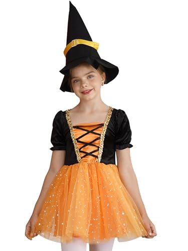 Sxiwei Hexenkostüm Kinder Mädchen Tutu Kurzarm Hexenkleid mit Hut Halloween Karneval Kostüm Fasching Karneval Mottoparty Ankleiden Orange 110-116 von Sxiwei