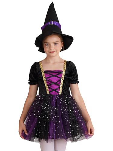 Sxiwei Hexenkostüm Kinder Mädchen Tutu Kurzarm Hexenkleid mit Hut Halloween Karneval Kostüm Fasching Karneval Mottoparty Ankleiden Violett 110-116 von Sxiwei