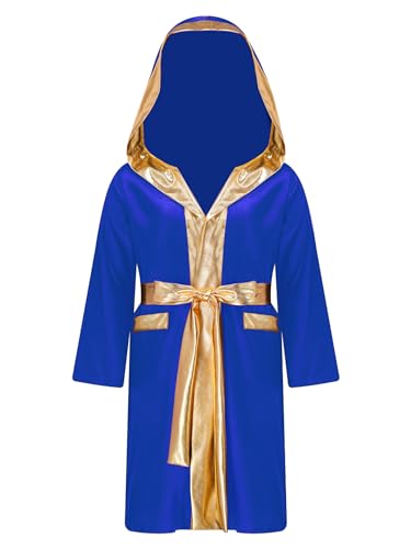 Sxiwei Jungen Langarm Box Robe Open Front Metallic Trim Satin Kapuzenmantel mit Gürtel Sportler Kickboxer Faschingskostüme Königsblau 170 von Sxiwei