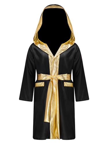 Sxiwei Jungen Langarm Box Robe Open Front Metallic Trim Satin Kapuzenmantel mit Gürtel Sportler Kickboxer Faschingskostüme Schwarz 110-116 von Sxiwei