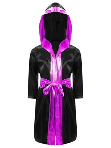 Sxiwei Jungen Langarm Box Robe Open Front Metallic Trim Satin Kapuzenmantel mit Gürtel Sportler Kickboxer Faschingskostüme Schwarz & Hot Pink 170 von Sxiwei