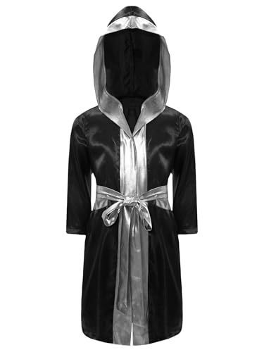 Sxiwei Jungen Langarm Box Robe Open Front Metallic Trim Satin Kapuzenmantel mit Gürtel Sportler Kickboxer Faschingskostüme Schwarzes Silber 110-116 von Sxiwei