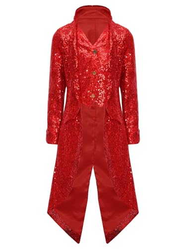 Sxiwei Kinder Junge Mittelalter Viktorianische Jacke Pailletten Langarm Steampunk Frack Mantel Viktorianischen Retro Kleidung Rot 110-116 von Sxiwei