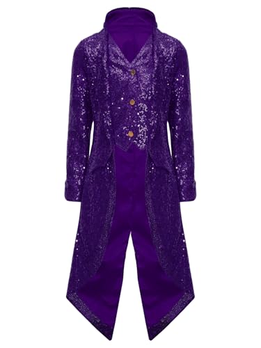 Sxiwei Kinder Junge Mittelalter Viktorianische Jacke Pailletten Langarm Steampunk Frack Mantel Viktorianischen Retro Kleidung Violett 134-140 von Sxiwei