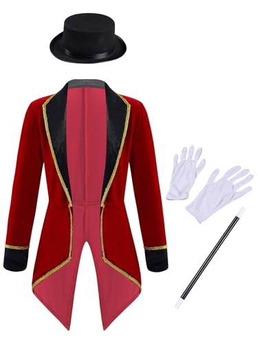 Sxiwei Kinder Jungen Mädchen Zirkus Direktor Kostüm Samt Langarm Frack Ringmaster Uniformmit Zubehör Set Fasching Karneval Outfits Burgundy 140 von Sxiwei