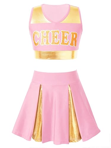 Sxiwei Kinder Mädchen Cheer Leading Zweiteiliger Uniform Ärmellos Crop Top Und Faltenrock für Party Fasching Dancewear Halloween Karneval Hell-Pink 110-116 von Sxiwei