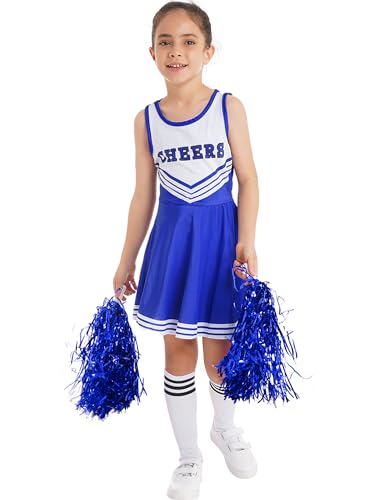 Sxiwei Kinder Mädchen Cheerleading Uniform Set ärmellos Tanzkleid Schulkind mit Pompoms Socken Cheer Kostüm Outfit für Karneval Halloween Blau 134-140 von Sxiwei