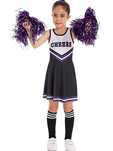 Sxiwei Kinder Mädchen Cheerleading Uniform Set ärmellos Tanzkleid Schulkind mit Pompoms Socken Cheer Kostüm Outfit für Karneval Halloween Schwarz 98-104 von Sxiwei