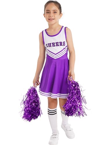 Sxiwei Kinder Mädchen Cheerleading Uniform Set ärmellos Tanzkleid Schulkind mit Pompoms Socken Cheer Kostüm Outfit für Karneval Halloween Violett 122-128 von Sxiwei