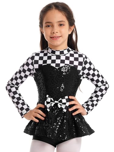 Sxiwei Kinder Mädchen Rennfahrer Kostüm Schachbrett Gedruckt Trikot Kleid Langarm Race Girl Partykleid Halloween Faschingskostüm Schwarz 110-116 von Sxiwei