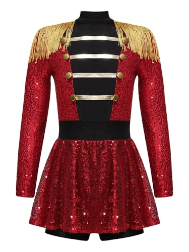 Sxiwei Kinder Mädchen Zirkus Tanz Kostüm Langarm Quaste Jumpsuit Pailletten Zirkusdirektor Kleid Cosplay Fasching Karneval Kostüm Rot 122-128 von Sxiwei