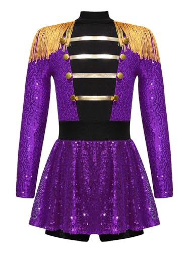 Sxiwei Kinder Mädchen Zirkus Tanz Kostüm Langarm Quaste Jumpsuit Pailletten Zirkusdirektor Kleid Cosplay Fasching Karneval Kostüm Violett 158-164 von Sxiwei