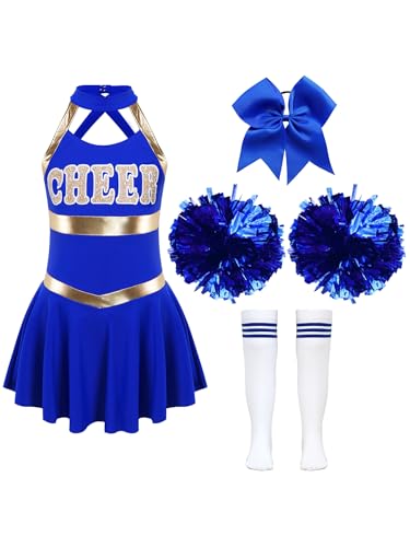 Sxiwei Mädchen Cheerleading Kleid 4 Stück Cheer-leader Uniform mit Zubehör Set Karneval Fasching Party Halloween Kostüm B Blau 110-116 von Sxiwei