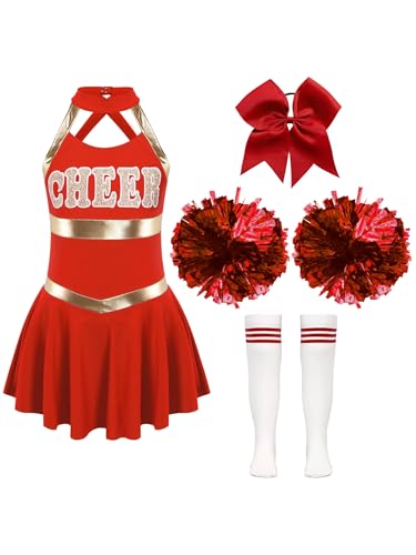 Sxiwei Mädchen Cheerleading Kleid 4 Stück Cheer-leader Uniform mit Zubehör Set Karneval Fasching Party Halloween Kostüm B Rot 158-164 von Sxiwei