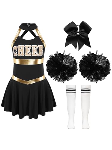 Sxiwei Mädchen Cheerleading Kleid 4 Stück Cheer-leader Uniform mit Zubehör Set Karneval Fasching Party Halloween Kostüm B Weiß und Schwarz 110-116 von Sxiwei