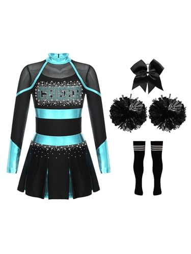 Sxiwei Mädchen Cheerleading Tanz Kostüm 4tlg Langarm Tanzkleid Plisseekleid +Pompoms +Socken +Kopfbedeckung Kinder Karneval Kostüm Blau Grün & Schwarz 134-140 von Sxiwei