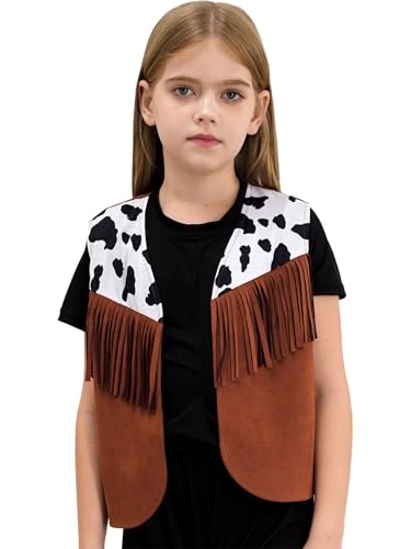 Sxiwei Mädchen Cowgirl Weste Indianer Western Kostüm für Kinder ärmellos Kuh Muster Druck Kurze Fransenjacken Festlich Top Karnevalskostüm Braun 134-140 von Sxiwei