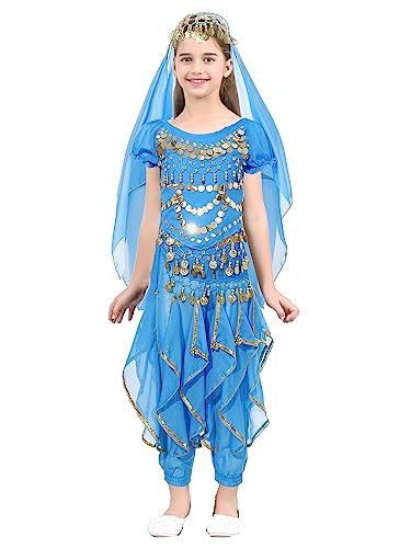 Sxiwei Mädchen Halloween Bauchtanz Kostüm Ägypten Indische Tanz Set Pailletten Top Hose Kopftuch Armband Münzgürtel Karneval Mottoparty Outfit Himmelblau 110-122 von Sxiwei