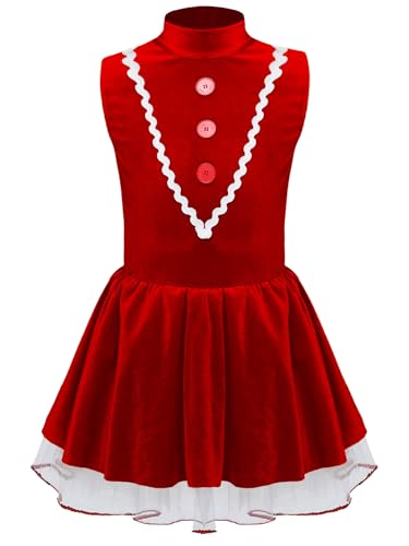 Sxiwei Mädchen Weihnachten Kleid Ärmellos Lebkuchenmann Kostüm Samt Tutu Kleid Tanz Trikot Kinderkleid für Halloween Rot 110-116 von Sxiwei