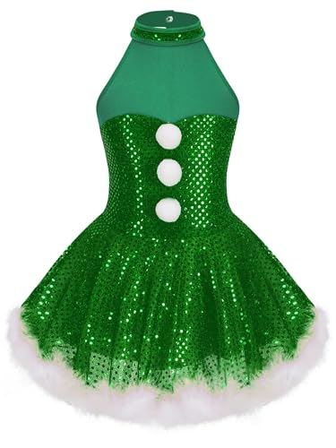 Sxiwei Mädchen Weihnachten Kleid Glänzende Pailletten Tütü Tanzkleid Ärmellos Ballett Tanzbody Rollenspiel Party Tanzkleidung Grün 98-104 von Sxiwei