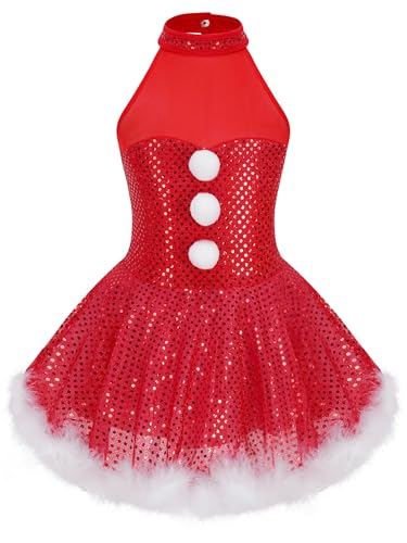 Sxiwei Mädchen Weihnachten Kleid Glänzende Pailletten Tütü Tanzkleid Ärmellos Ballett Tanzbody Rollenspiel Party Tanzkleidung Rot 110-116 von Sxiwei