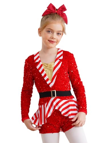 Sxiwei Mädchen Weihnachten Kostüm Langarm Bodysuit Mit Pailletten Gestreift Tanzkostüm Xmas Trikot Dancewear Rot 146-152 von Sxiwei