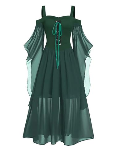 Sxiwei Mittelalter Kleid Damen Viktorianisches Vintage Maxikleider Schmetterling Ärmel Mesh Renaissance A-Linie Partykleid Grün 4XL von Sxiwei