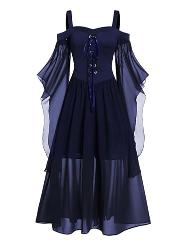 Sxiwei Mittelalter Kleid Damen Viktorianisches Vintage Maxikleider Schmetterling Ärmel Mesh Renaissance A-Linie Partykleid Navy blau XL von Sxiwei