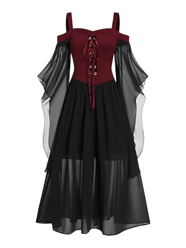 Sxiwei Mittelalter Kleid Damen Viktorianisches Vintage Maxikleider Schmetterling Ärmel Mesh Renaissance A-Linie Partykleid Rot schwarz 5XL von Sxiwei