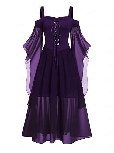 Sxiwei Mittelalter Kleid Damen Viktorianisches Vintage Maxikleider Schmetterling Ärmel Mesh Renaissance A-Linie Partykleid Violett L von Sxiwei