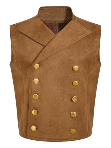 Sxiwei Mittelalter Weste Jungen Kinder Viktorianisch Prinz Kurz Jacket Ärmellos Gothic Steampunk Zweireiher Weste Kaffee 146-152 von Sxiwei