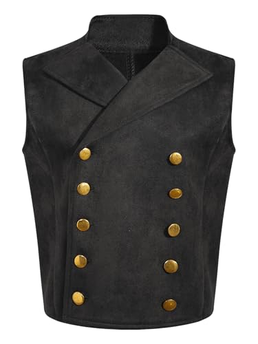 Sxiwei Mittelalter Weste Jungen Kinder Viktorianisch Prinz Kurz Jacket Ärmellos Gothic Steampunk Zweireiher Weste Schwarz 158-164 von Sxiwei