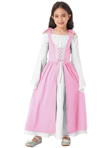 Sxiwei Mittelalterliches Kostüm Kinder Mädchen Mittelalter Kleid Vintage Renaissance Kleid Langarm Viktorianische Kleider Fasching Kleid Rosa 170-176 von Sxiwei