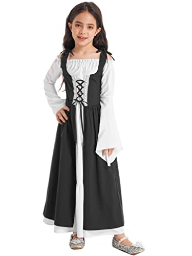 Sxiwei Mittelalterliches Kostüm Kinder Mädchen Mittelalter Kleid Vintage Renaissance Kleid Langarm Viktorianische Kleider Fasching Kleid Schwarz 170-176 von Sxiwei